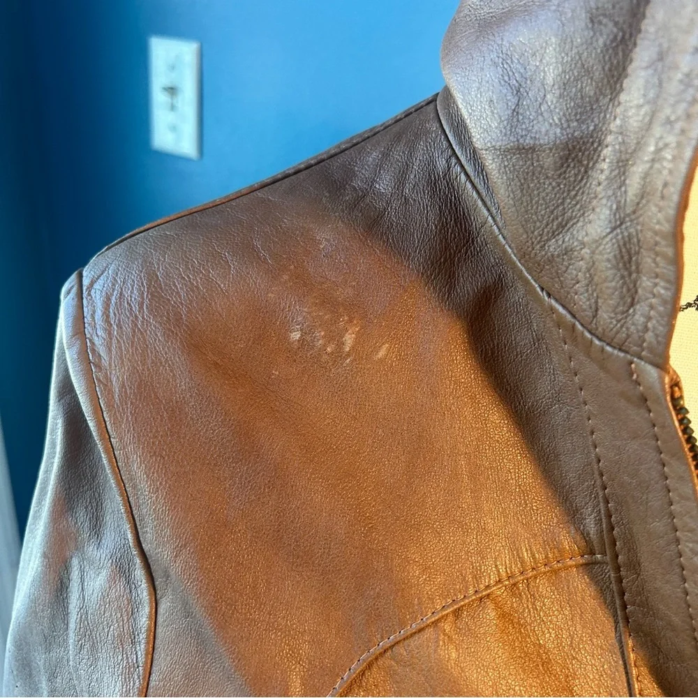 Women's Tan Leather Jacket with Hood - Picture 11 of 15